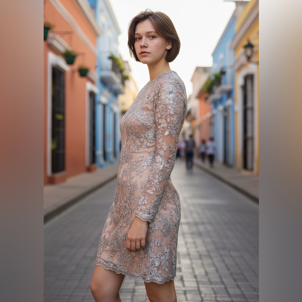 Elegant Dress the Population Lace Dress Silver Sequins over a Nude Base, Small